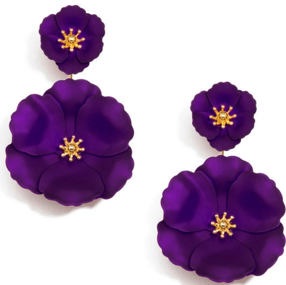 Purple Metallic/18K Gold 3D Hand-Painted Floral Earrings (2-in-1) - Picture 3 of 15
